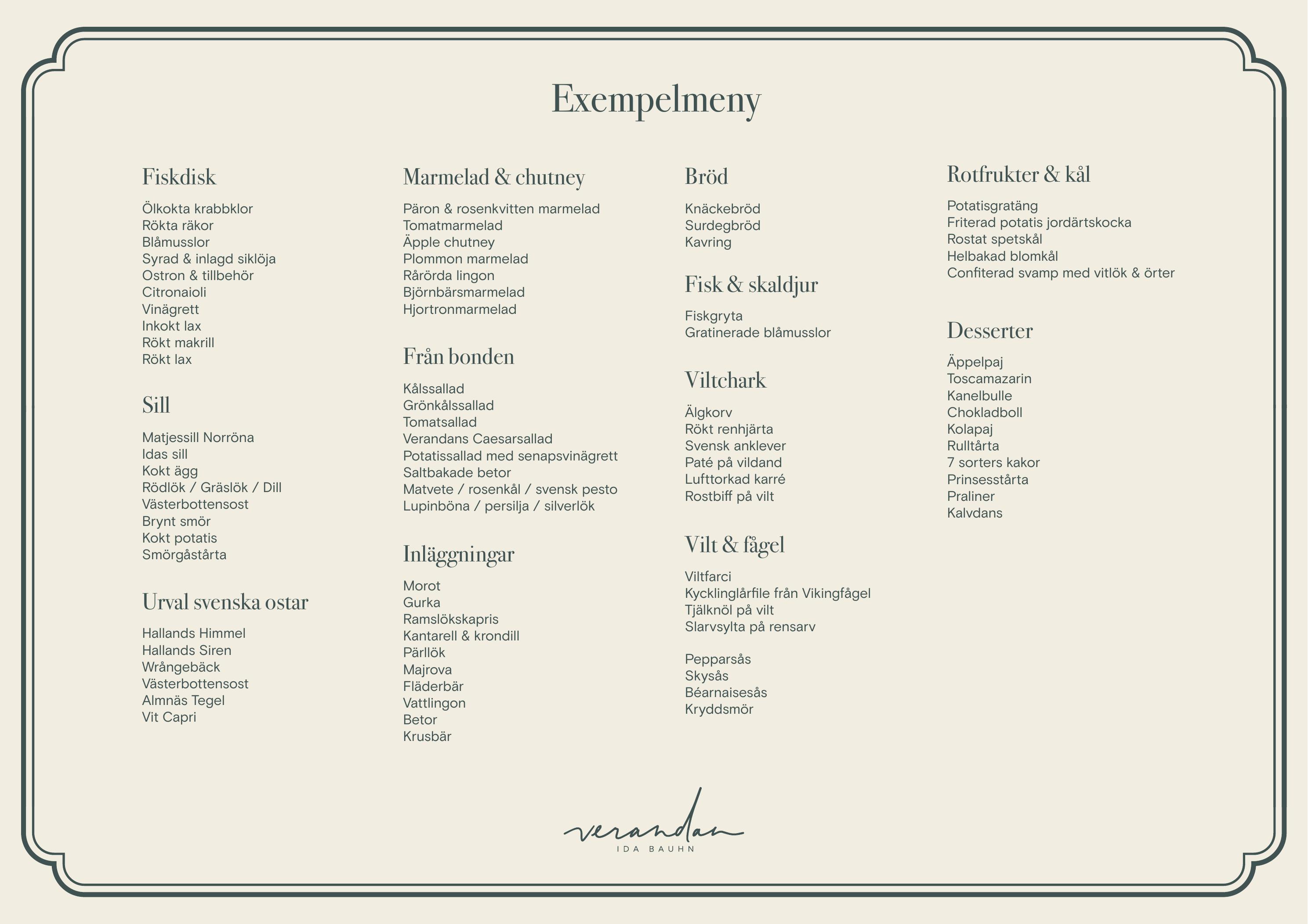 Verandans exempelmeny med brunchrätter